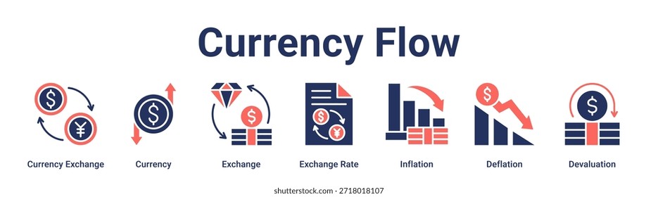Fluxo de moeda ícone web vetor ilustração conceito para negócios com ícone de Moeda Câmbio, Moeda, Câmbio, Taxa de Câmbio, Inflação, Deflação.