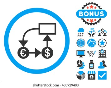 Currency Flow Chart icon with bonus elements. Vector illustration style is flat iconic bicolor symbols, blue and gray colors, white background.