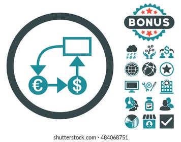 Currency Flow Chart icon with bonus symbols. Vector illustration style is flat iconic bicolor symbols, soft blue colors, white background.