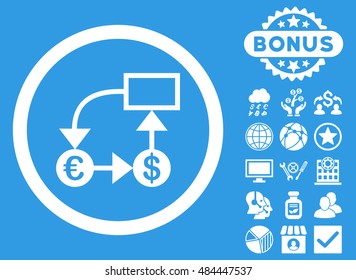 Currency Flow Chart icon with bonus design elements. Vector illustration style is flat iconic symbols, white color, blue background.