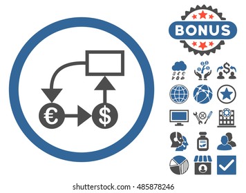 Currency Flow Chart icon with bonus pictogram. Vector illustration style is flat iconic bicolor symbols, cobalt and gray colors, white background.
