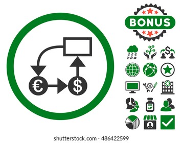 Currency Flow Chart icon with bonus pictures. Vector illustration style is flat iconic bicolor symbols, green and gray colors, white background.