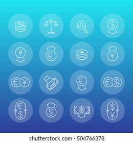 Currency, forex trading, exchange, money, investment line icons set
