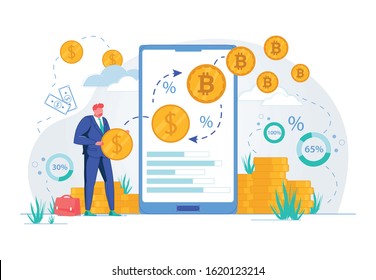 Currency Funding and Bitcoin Exchange Stock Investments. Businessman Cartoon Character Investing Money Using Online Phone Application. Advanced Commercial Technology. Flat Vector illustration.