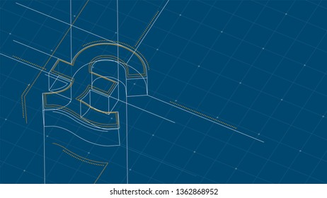Currency GBP (Pound Sterling) isometric symbol dot and dash line frame structure pattern wireframe, Digital money cryptocurrency concept illustration isolated on blue background with space