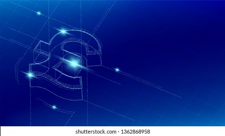 Currency GBP (Pound Sterling) isometric symbol particle line lighting pattern wireframe futuristic, Digital money cryptocurrency concept illustration isolated on blue gradients background