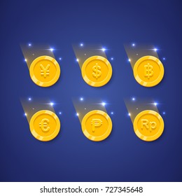 Currency of gold coin set. Yen, Yuan, Dollar, Baht, Euro, Peso, Rupee Indonesia. Icon design, Vector illustration.