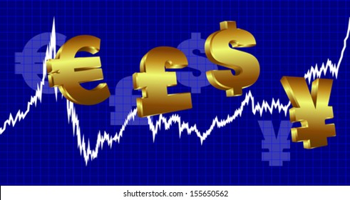 Currency Graph Money background - Stock Market Graph with currency symbols on a blue background