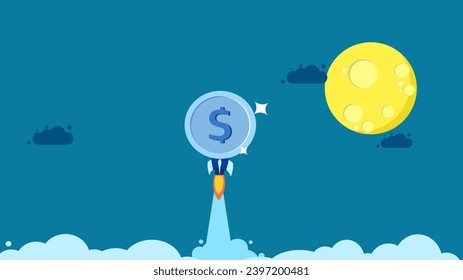 currency is growing. Coin mounted on a rocket flying over the moon