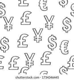 Currency Hand Drawn Seamless Background. Vector Banking Wallpaper Design. 
