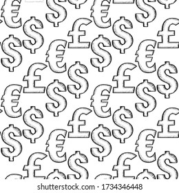 Currency Hand Drawn Seamless Background. Vector Banking Wallpaper Design. 