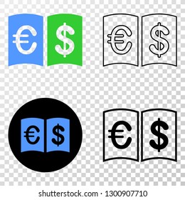 Currency handbook EPS vector icon with contour, black and colored versions. Illustration style is flat iconic symbol on chess transparent background.