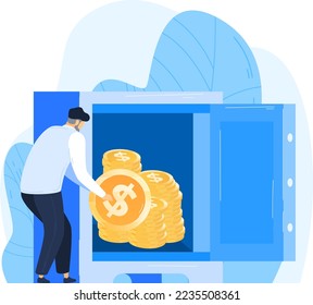 Cubierta de moneda, caja fuerte segura, licencia de confianza de riqueza, nivel de seguridad, protección de moneda secreta, ilustración vectorial de estilo plano.