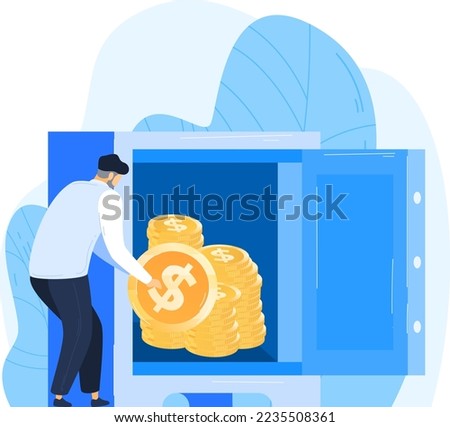 Currency hide, safe strongbox, wealth trust leave, security level, secret currency protection, flat style vector illustration.