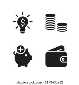 currency icon. 4 currency vector icons set. money idea symbol of a lightbulb on, coins and piggy bank icons for web and design about currency theme