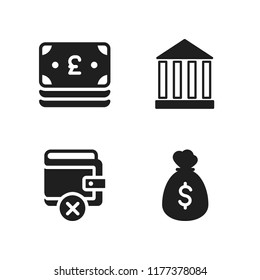 currency icon. 4 currency vector icons set. dollars bag, bank symbol and pound icons for web and design about currency theme