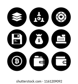 currency icon. 9 currency set with save, euro, casino token with heart and bitcoin vector icons for web and mobile app