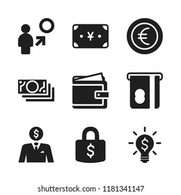 currency icon. 9 currency vector icons set. money, insert card and money idea symbol of a lightbulb on icons for web and design about currency theme