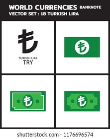 Currency icon Banknote : Turkish Lira TRY bill, symbols, signs, emblems Vector illustration.