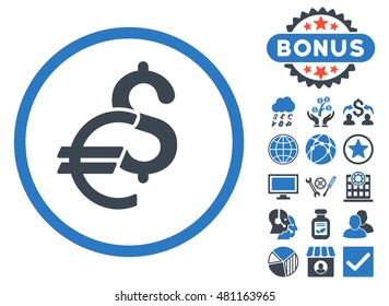 Currency icon with bonus. Vector illustration style is flat iconic bicolor symbols, smooth blue colors, white background.
