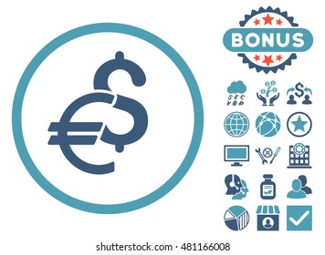 Currency icon with bonus. Vector illustration style is flat iconic bicolor symbols, cyan and blue colors, white background.