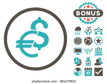 Currency icon with bonus. Vector illustration style is flat iconic bicolor symbols, grey and cyan colors, white background.