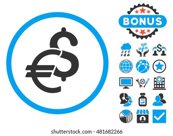 Currency icon with bonus. Vector illustration style is flat iconic bicolor symbols, blue and gray colors, white background.