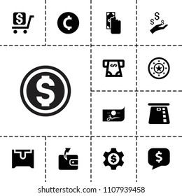 Currency icon. collection of 13 currency filled icons such as wallet, atm money withdraw, cash payment, dollar gear, coin. editable currency icons for web and mobile.