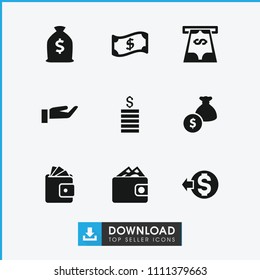 Currency icon. collection of 9 currency filled icons such as wallet, crown, money bag, coin, wallet, atm money withdraw, coin. editable currency icons for web and mobile.