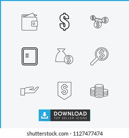 Currency icon. collection of 9 currency outline icons such as atm, dollar, wallet, coin, dollar down, hand on coin. editable currency icons for web and mobile.