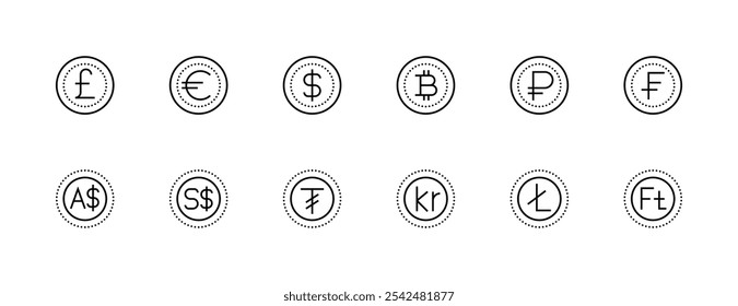 Coleção de ícones de moeda. Dinheiro, moeda, dólar, euro, yuan, libra esterlina e muito mais. Traçado editável. Pixel perfeito. Grade de 32px.