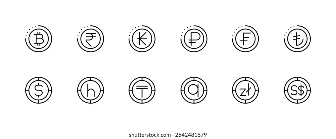 Coleção de ícones de moeda. Dinheiro, moeda, dólar, euro, yuan, libra esterlina e muito mais. Traçado editável. Pixel perfeito. Grade de 32px.