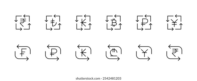 Coleção de ícones de moeda. Moeda, dólar, euro, yuan, libra, libra esterlina e muito mais. Traçado editável. Pixel perfeito. Grade de 32px.