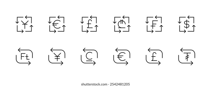 Coleção de ícones de moeda. Moeda, dólar, euro, yuan, libra, libra esterlina e muito mais. Traçado editável. Pixel perfeito. Grade de 32px.