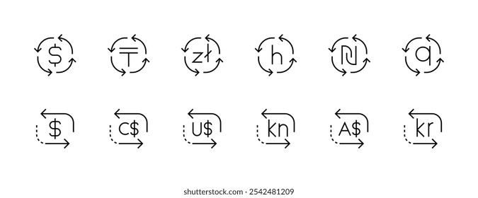 Currency icon collection. Money exchange, dollar, new shekel, zloty, krone and more. Editable stroke. Pixel Perfect. Grid base 32px.