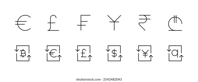 Coleção de ícones de moeda. Moeda, dólar, euro, yuan, libra esterlina e muito mais. Traçado editável. Pixel perfeito. Grade de 32px.