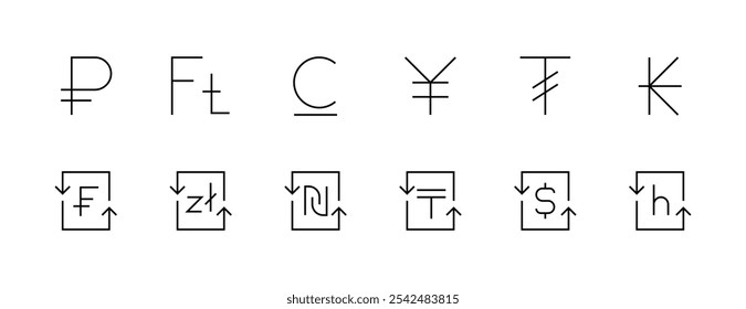 Coleção de ícones de moeda. Câmbio de dinheiro, dólar, forint, yuan, novo shekel, franco e muito mais. Traçado editável. Pixel perfeito. Grade de 32px.