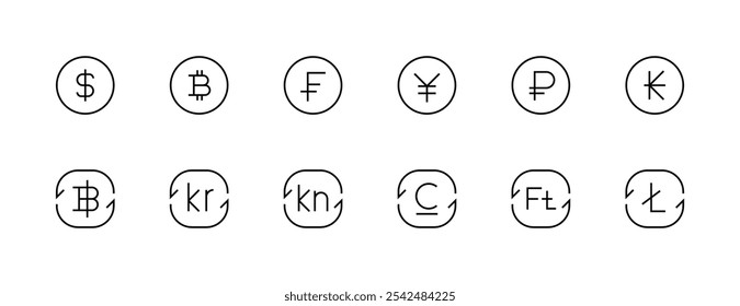 Coleção de ícones de moeda. Troca de dinheiro, dólar, franco, yuan, rubel e muito mais. Traçado editável. Pixel perfeito. Grade de 32px.