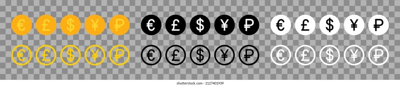 Currency icon. Currency of euro, dollar, yen, ruble and pound money symbol. Exchange sign of foreign money. Outline coin icons isolated on transparent background. Vector.