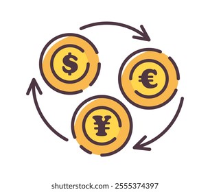 Currency icon illustration. Flat line color icon of illustration depicting the exchange of major global currencies: US dollar, Euro, and Chinese Yuan Japanese Yen. Colored outline icon.