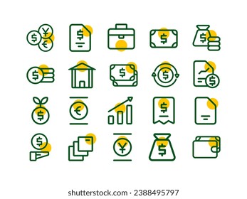Estilo de esquema coloreado del paquete de iconos de moneda. Colección de iconos de navegación perfecta para sitios web, páginas de aterrizaje, aplicaciones móviles y presentaciones. Idóneo para interfaz de usuario o usuario experimentado usuario UX.