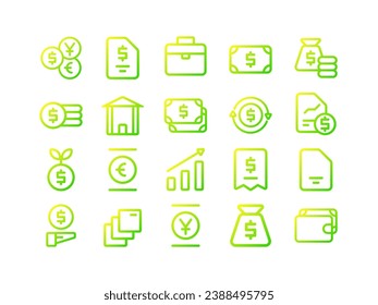 Currency Icon Pack Gradient Outline Style. Navigation Icons Collection Perfect for Websites, Landing Pages, Mobile Apps, and Presentations. Suitable for User Interface or User Experience UI UX.