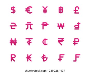 Currency Icon Pack Gradient Outline Style. Finance and Exchange Rate Icons Collection, Perfect for Websites, Landing Pages, Mobile Apps, and Presentations. Suitable for UI UX.