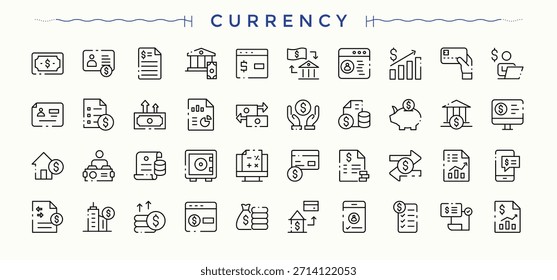 Paquete de iconos de moneda. Conjunto de iconos web de línea delgada mínima. Pictogramas de pago, finanzas, pago, intercambio, inversión. Vector editable. Píxel perfecto. Conjunto de iconos de inversión.