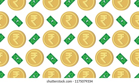 Currency icon pattern background coin and banknote : INDIAN RUPEE INR bill, symbols, signs, emblems, wallpaper, Vector illustration wallpaper. 