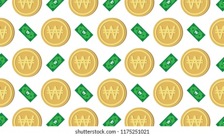 Currency icon pattern background coin and banknote : Korean Won KRW bill, symbols, signs, emblems, wallpaper, Vector illustration wallpaper. 