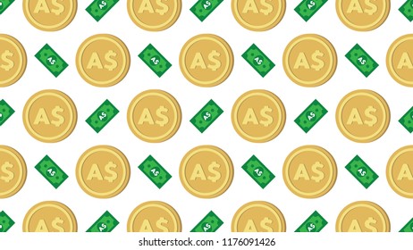 Currency icon pattern background coin and banknote : Australian Dollar AUD bill, symbols, signs, emblems, wallpaper, Vector illustration wallpaper. 