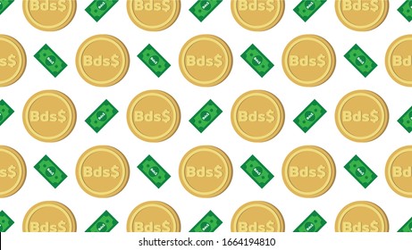Currency icon pattern background coin and banknote : Barbados’s Barbadian dollar Bds$ code BBD bill symbols signs Vector illustration wallpaper. 