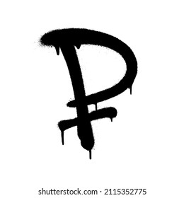 Währungssymbol des Rubel. Schwarz-Spray-Graffiti-Symbol der Währung mit Patronen auf weißem Hintergrund. Vektorgrafik.