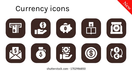 Währungssymbol gesetzt. 10 gefüllte Währungssymbole.  Einfache, moderne Symbole wie: ATM, Money, Piggy Bank, Transfer, Gong, Dollar, Coin, Exchange